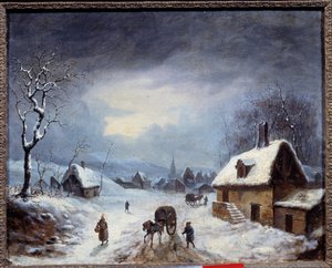 Vinterlandskap. En vagn på en snötäckt väg. Anonym målning. 1800-talets privatsamling av Anonymous Anonymous