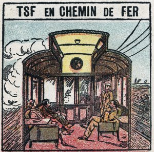 Trådlös telefoni: T.S.F. i en järnvägsvagn. Anonym illustration från 1925. Privat samling. av Anonymous Anonymous