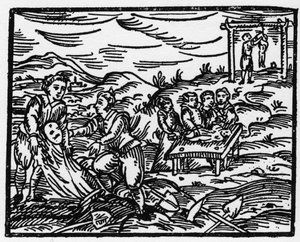 Häxor som avskräcker de döda på en kyrkogård - "" Compendium Maleficarum"", affärer om häxor, deras ondska och deras sortileges av Francesco Maria Guazzo eller Guaccio eller Guaccius (15?? -16??) 1608 privatsamling av Anonymous Anonymous