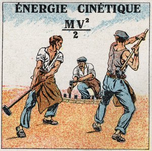 Arbete och kraft: beräkning av kinetisk energi. Anonym illustration från 1925. Privat samling. av Anonymous Anonymous