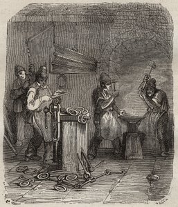 Arbetarstyrkor vid Rochefort Bagne på 1800-talet. Gravyr i "Fångarnas historia från deras skapelse till idag" (1877) av Pierre Zaccone (1817-1895) (Colonia Penale - Straffkoloni). Privat samling. av Anonymous Anonymous