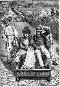 carros de cesto på Madeira 1893 - Les corinhos (carrieros) a Madeira (Madeira) - män som guidar en plats på två ställen på roulette (un corinho). gravyr i ""Resans tidskrift""" 1893 av Anonymous Anonymous