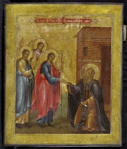 Den heliga treenighetens uppenbarelse för den helige Alexander Svirsky, 1800-talet av Anonymous Russian icon painter