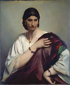 Lucrezia Borgia; Porträtt av en romersk kvinna i vit tunika och röd mantel, ca 1862-66 (olja på duk) av Anselm Feuerbach