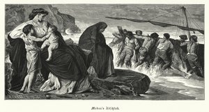 Medeas farväl: scen från Euripides antika grekiska tragedi Medea, baserad på legenden om Medea och Jason (gravyr)