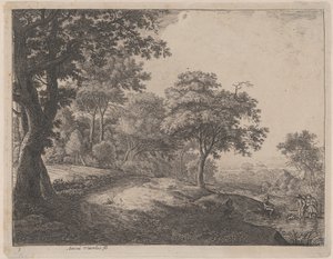 En man och en kvinna som korsar en bäck, 1600-talet.