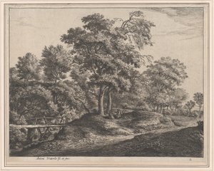 En bondkvinna och dotter på en liten träbro, 1600-talet. av Anthonie Waterloo