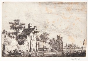 Stadsmur vid en flod av Anthonie Waterloo