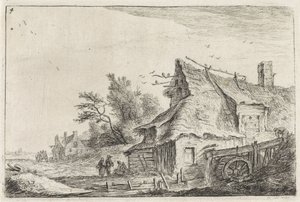 Byutsikt med en vattenkvarn Landskap med byggnader (serietitel) av Anthonie Waterloo