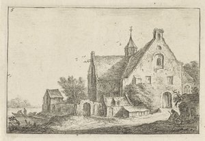 Bykyrka på vattnet Landskap med byggnader (serietitel) av Anthonie Waterloo
