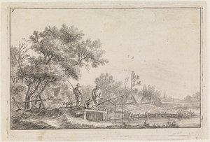Tre fiskare på den lilla bron (nr 7 ur en serie om 12 tryck) av Anthonie Waterloo