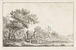 Tre fiskare på en bro Landskap med byggnader (serietitel) av Anthonie Waterloo
