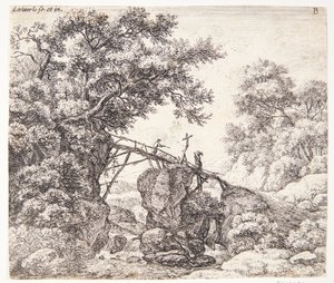 Herde på en lutande träbro av Anthonie Waterloo