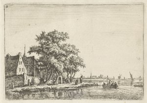 Kyrka vid vattnet Landskap med figurer (serietitel) av Anthonie Waterloo