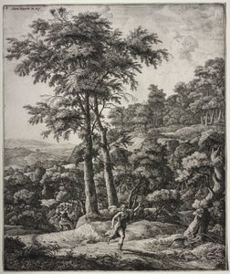 Sex stora upprättstående landskap med scener från Ovidius Metamorphoses: Apollo och Daphne av Anthonie Waterloo