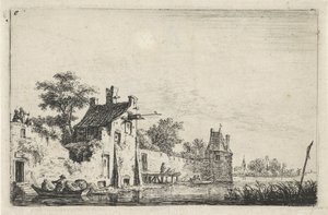 Stadsmuren på vattnet Landskap med figurer (serietitel) av Anthonie Waterloo