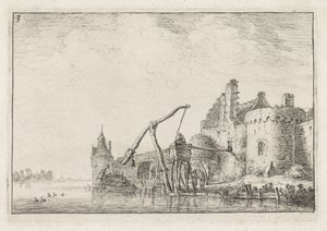 Stadsmuren sett från vattnet Landskap med byggnader (serietitel) av Anthonie Waterloo