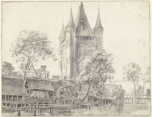 Stadsporten Altenbrücker Tor och vattenkvarn i Lüneburg nära Hamburg av Anthonie Waterloo