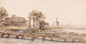 En gård vid ett vattendrag nära en by av Anthonie van Borssom