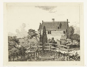 Jan Hanzenpad utanför Raampoort (titel på objekt) Kvinna med barn på en bro nära en stängd grind av Anthonie van den Bos