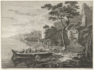 Figurer vid en pråm i ett bergslandskap av Anthonij van der Haer