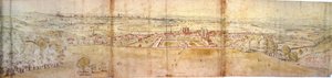 Greenwich Palace och London från Greenwich Hill, ca 1544 (penna, bläck, krita och wc på papper)