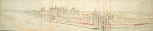 Hampton Court Palace från floden, ca 1544 (penna, bläck och wc på papper)