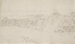 Panorama över London sett från Southwark: Durham House till Barnards Castle (penna och bläck över svart krita på papper) av Anthonis van den Wyngaerde
