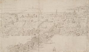 Panorama över London sett från Southwark: London Bridge, 1554