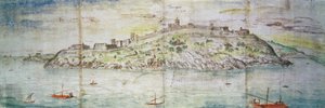 Panoramautsikt över Tarragona, Spanien (penna och bläck och wc på papper) av Anthonis van den Wyngaerde