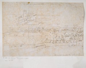 Ark med studier av Palaces of Hampton Court och Richmond och den omgivande landsbygden av Anthonis van den Wyngaerde