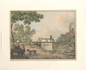 Landskap med figurer och en bro vid en bondgård av Anthony Andriessen
