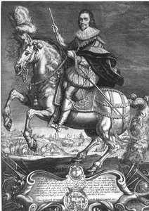 Ryttarporträtt av George Villiers (1592-1628) 1:a hertig av Buckingham, graverat av Willem de Passe (1598-1637) 1625 (gravyr)