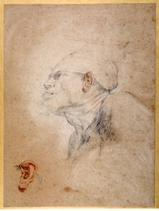 En mans huvud bandagerat, hans vänstra öra repeterat separat (svarta och röda krita på papper) av Anthony van Dyck