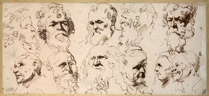 Elva huvudstudier (penna & brunt bläck på papper) av Anthony van Dyck