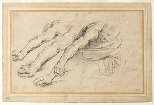 Figur av en man som böjer sig framåt med höger arm utsträckt; tre studier av höger arm och en av vänster hand för samma figur (krita på papper) av Anthony van Dyck