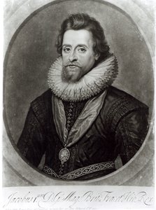 Porträtt av James I (1566-1625) efter en miniatyr av Nicholas Hilliard (1547-1619) från 1617, graverad av George Vertue (1684-1756) av Anthony van Dyck