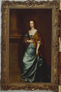 Porträtt av Mary Villiers, hertiginnan av Lennox och Richmond, i en blå klänning och brun omlott av en kolumn av Anthony van Dyck