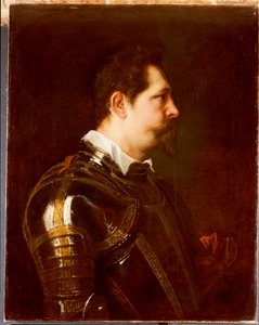 Porträtt av en general, bystlängd, i damascenerad rustning med vit krage och rött skärp av Anthony van Dyck