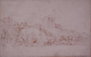 Ypres Tower, Rye, sett från söder (penna och bläck på papper) av Anthony van Dyck