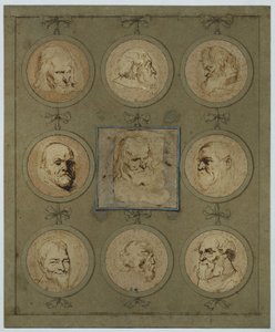 Samlingsblad med nio huvudstudier i medaljonger av Anthony van Dyck