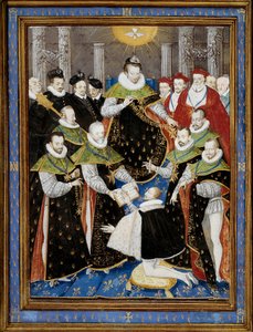 Kung Henrik III (1551-1589) som presiderade över den första ceremonin av den Helige Andes Orden (Den Helige Andes Orden) 1587 Miniatyr av William Richardiere (1500-talet) efter Antoine Caron (1521-1599) 1587 Chantilly, Musee Conde - Kung Henrik III (15 av Antoine (after) Caron