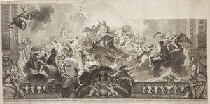 Design av mittpanelen i taket i Grand Gallery of the Palais Royal, graverad av Nicolas Henri Tardieu (1674-1749) av Antoine (after) Coypel