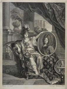 Ludvig XIV, kung av Frankrike, vetenskapens beskyddare - gravyr av Antoine Coypel Kungliga vetenskapsakademiens historia, år 1703 av Antoine (after) Coypel