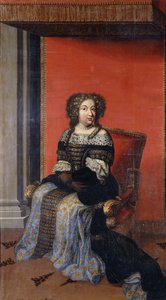Porträtt av drottning Maria Theresa, sittande i full längd, i ett juvelbelagt svart livstycke med spetskrage och en blå och guldkjol, på en tron (olja på duk, ofodrad) av Antoine (after) Dieu