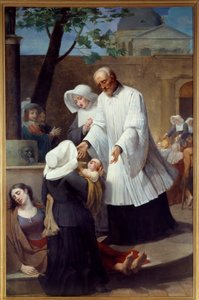 Saint Vincent de Paul (1581 - 1660) som tar hand om bekämpningsmedel (St Vincent de Paul hjälper pesten). Målning av Antoine Ansiaux (1764-1840). Nantes, Museum of Fine Arts