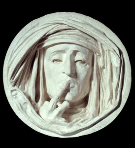Tystnad En symbolisk gest av en man som sätter ett finger på hans mun. Gipsskulptur av Auguste Preault (1809-1879) 1800-talets Paris, Louvren av Antoine Augustin Preault