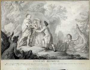 Barnet hittar Illustration av "Letters of an American Farmer" av Saint John de Crevecoeur. Litografi av Antoine Borel (1743-1810) 1783 ungefär. Blerancourt. Musee Franco American av Antoine Borel