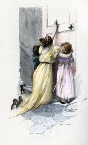 Josephine de Beauharnais gråter med sina barn Hortense och Eugene vid dörren till Napoleon Bonapartes (1769-1821) rum och vägrar att öppna honom efter att ha lärt sig utomäktenskapliga äventyr under sin vistelse i Egypten