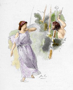Odyssee av Homere: "" Nausicaa, dotter till kung Alcinoos ser Ulysses naken och svältande be henne om hjälp"" (Odysseus kommer ut från skogen helt naken, skrämmer bort tjänarna till Nausicaa, dotter till kung Alcinous, och ber henne lite hjälp) Il